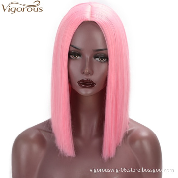 Vigorous 14 inches Short Straight Bob Wig Middle Part Pink Heat Resistant Synthetic Wig Cosplay Daily Use For Women